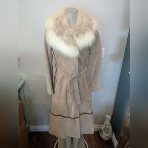 Vintage Leather Trenchcoat  With Fur Collar By Jeno De Paris Fits Women's Small